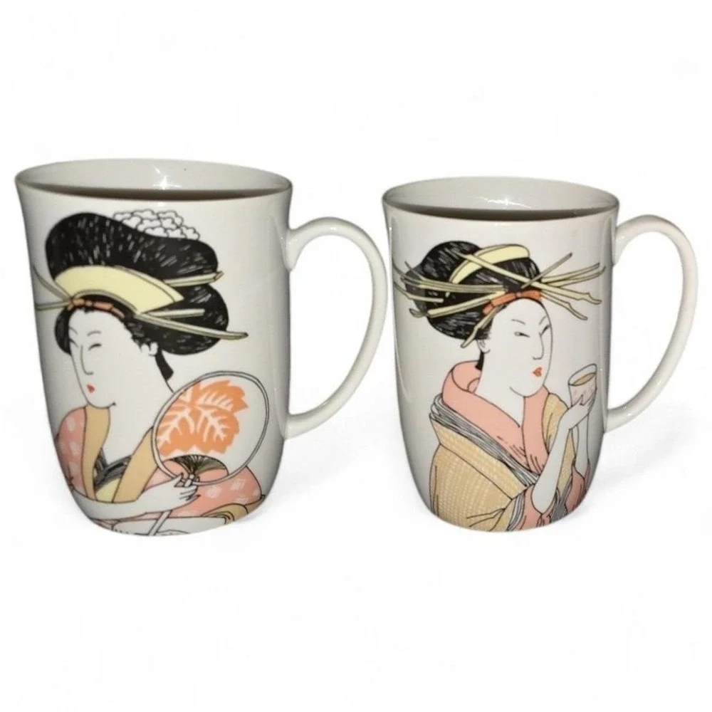 Set of 4 Fitz and Floyd Japanese Geisha Mugs Beautiful Porcelain Coffee Tea Cups